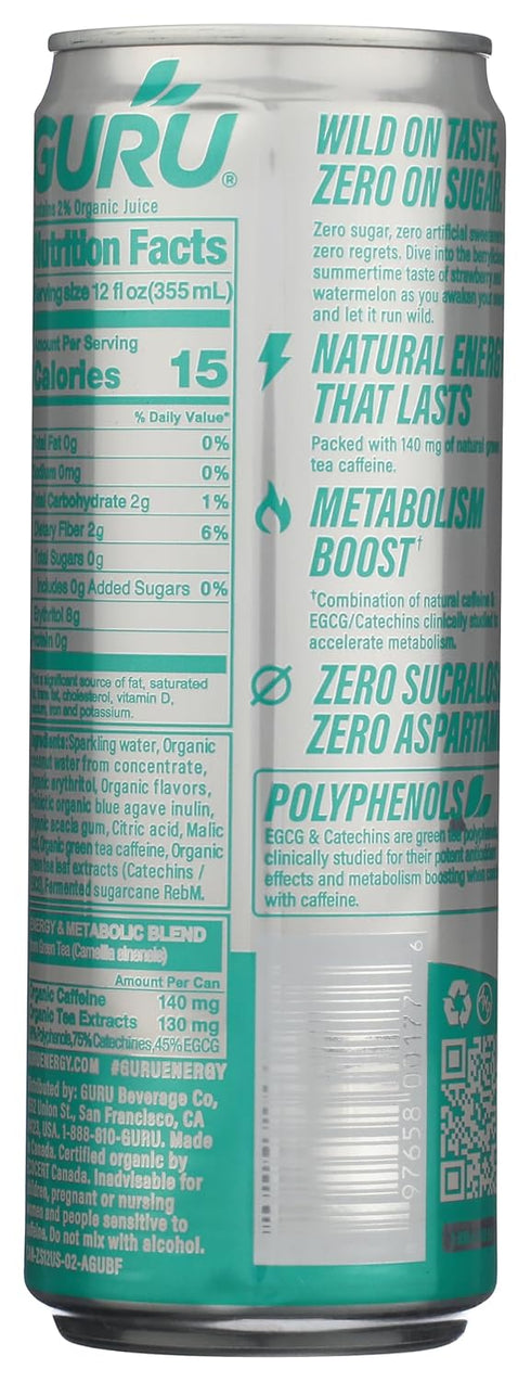 12 GURU Organic Wild Strawberry Watermelon Zero Energy Drink, FZ