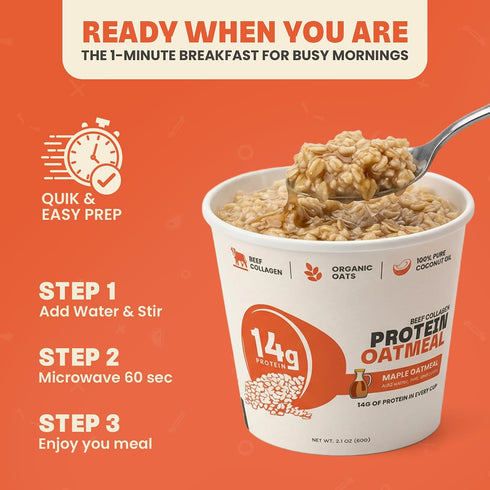 12 Pack 14g Beef Collagen Protein Breakfast Instant Protein Maple Oatmeal with Protein, Beef Collagen, Seed Oil Free