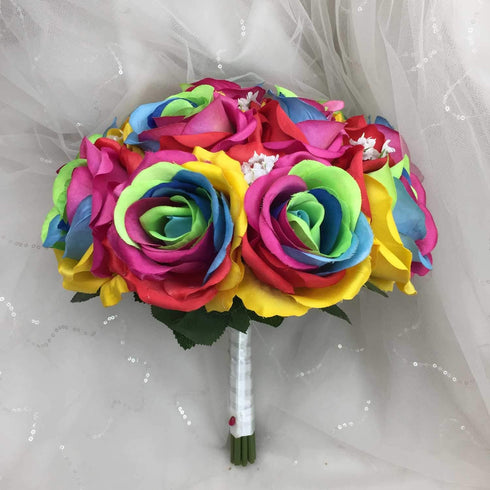 Silk Rainbow Rose Wedding Bouquet Boutonniere (A)
