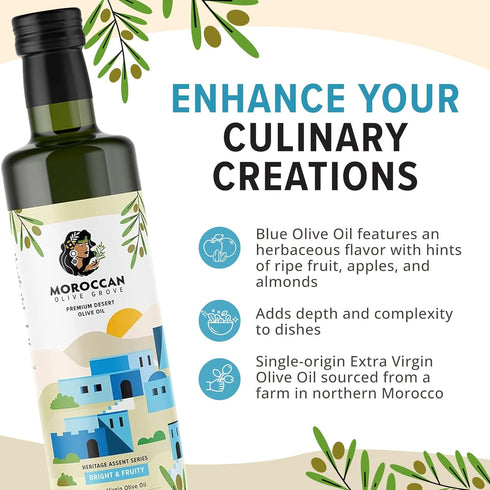 2-Pack, 500 ml MOROCCAN OLIVE GROVE - The Blue Olive Oil, Bright & Fruity Desert Olive Oil Extra Virgin, Versatile