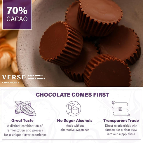 (3 Pack) 70% 2g 160 Verse Chocolate Peanut Butter Cups Dark Chocolate Keto Snacks w/ Fiber, Calories Creamy Peanut