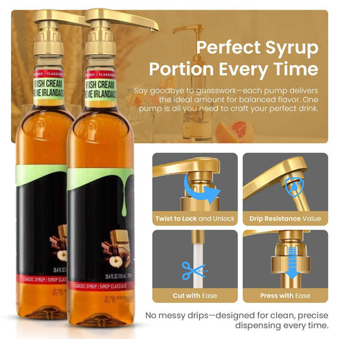 Syrup Pump for Coffee Syrup Bottles – 2-Pack Dispenser Pumps for 750ml Flavoring Syrup Bottles – Gold for Home & Cafe