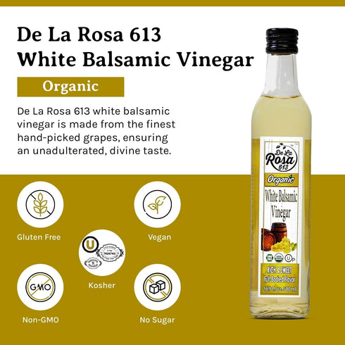 16.9 Oz (Pack 2) De La Rosa Organic White Balsamic Vinegar, Aged in Spanish Wood Barrels, Kosher for Passover, Vegan