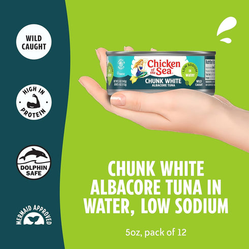 Albacore 5 oz 12-Count 100% Chicken of the Sea Wild Caught Chunk White Tuna in Water, Cans, High Protein Classic Tuna