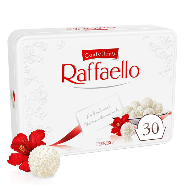 Raffaello Coconut Almond Pralines in Metal Tin Box 30 Individually Wrapped Treats, 10.6