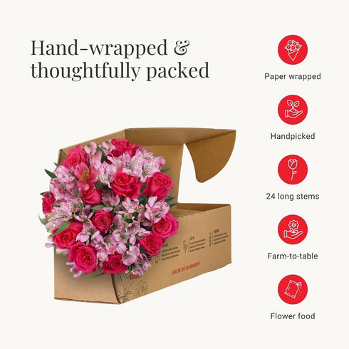 BloomsyBox Forever Blooming Bouquet Fresh Hot pink Roses & Light pink Alstroemeria (Glass Vase Included) Fresh Flowers