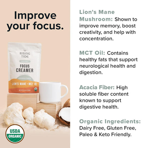 Rising Tide Organic Mushroom Superfood Creamer - Coconut Milk Powder, Lions Mane Mushrooms & MCT Oil, Dairy Free