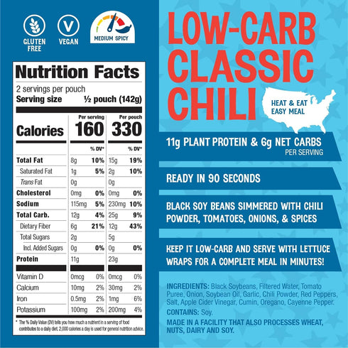 (4 Pack) 10 oz Simmered The Good Bean Heat and Eat Pouch - Low-Carb Classic Chili - Pouch - Black Soybeans with Chili