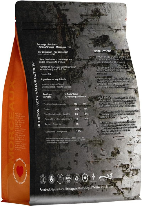 8 oz 100% Premium Organic Chaga Mushroom Chunks - of Authentic Wild Harvested Canadian Chaga Tea - Superfood