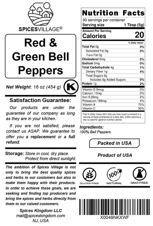 16 Oz (1 lb), SPICES VILLAGE Dehydrated Bell Peppers Mix, Dried Bell Pepper Flakes, Dried Ramen Toppings, Bulk Dried