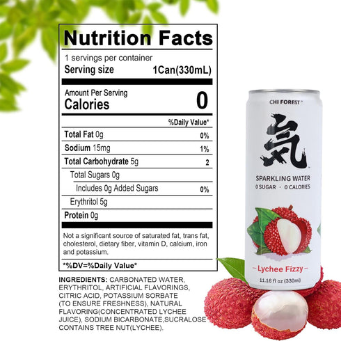 free,Vegan,0 sugar,0 Flavor,11.16 oz,24 Chi Forest Sparkling Water,Caffeine free,Gluten calories,Lychee Fizzy Fl Cans