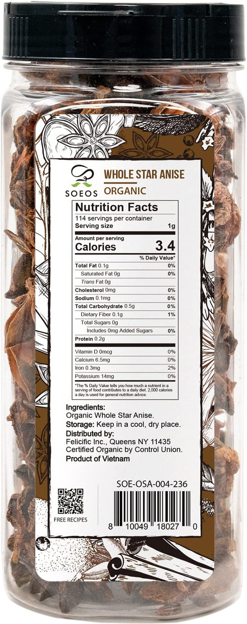 Soeos Organic Star Anise, Whole Star Anise 4 oz (114g), Chinese Star Anise Pods, Star Anise Organic Whole, Non-GMO Verified, Dried Star Anise for Beverages, Cooking, Baking