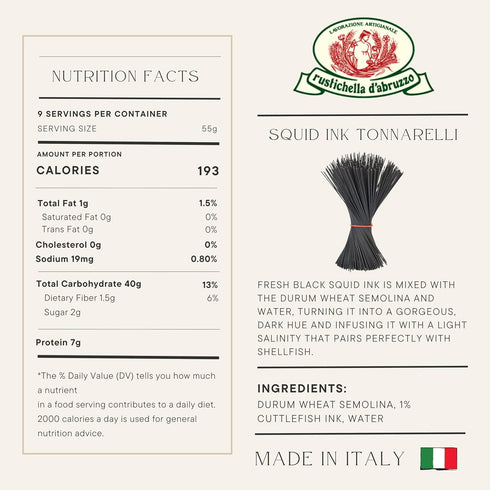 500g, 2-Pack Rustichella d'Abruzzo Tonnarelli with Squid Ink, Long Italian Pasta with Cuttlefish, Ideal for Shellfish