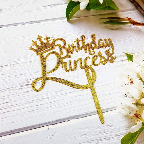 Happy Birthday Princess Cake Topper, Gold Glitter Acrylic for Princess Birthday Cake Party Decorations
