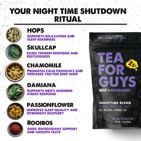Tea For Guys Inc. Reset, 20 Tea For Guys: Nighttime Blend Strong Herbal Night Blend for Calm, and Deep Rest |