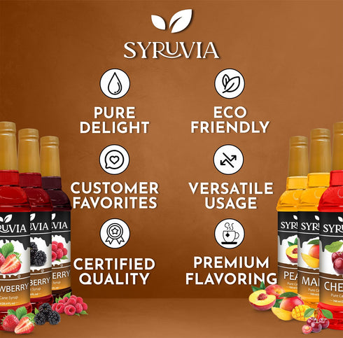 Summer Pack 25.4 oz Summer (6-Pack) Syruvia Fruit Syrup Variety Strawberry, Blackberry, Raspberry, Cherry, Mango