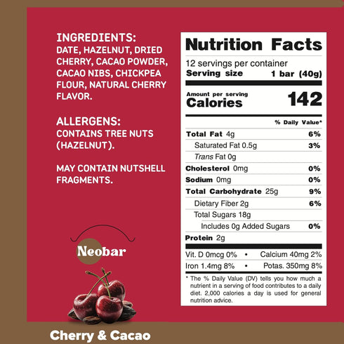12 Count NEOBAR Cherry Cacao Fruit and Nut Bars - Plant-Based Vegan Snack Bars, Gluten Free Dairy Free Snacks, No Added