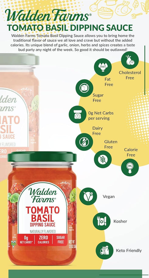 12 oz Walden Farms Tomato Basil Pasta Sauce Zero Calorie, Sugar Free, Keto & No Carb Sauce for Pasta, Veggies & More
