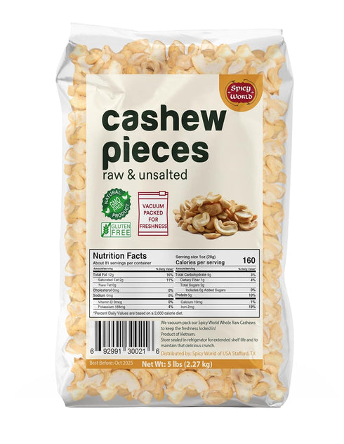 Spicy World Raw Cashew Pieces 80oz (5 LBS) - Natural Bulk Raw & Unsalted