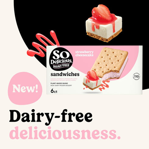 SO DELICIOUS Frozen 6 Count Plant Based Blend Dessert Sandwiches, Strawberry Cheesecake, Dairy Free, Vegan Ice Cream