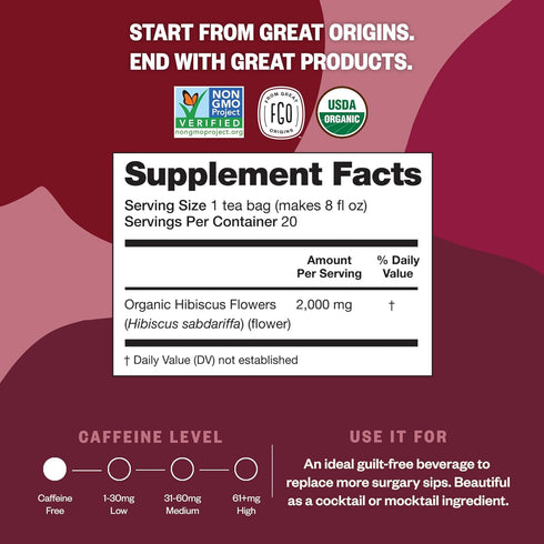 FGO Organic Hibiscus Tea - 100 Count, Eco-Conscious Tea Bags, Caffeine Free