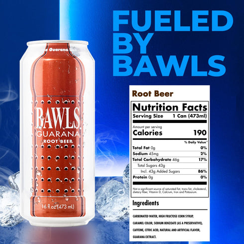 Bawls 12 Pack 16oz Guarana Root Beer - Guarana Fueled Soda for Energy, High Caffeinated Drink, Cans