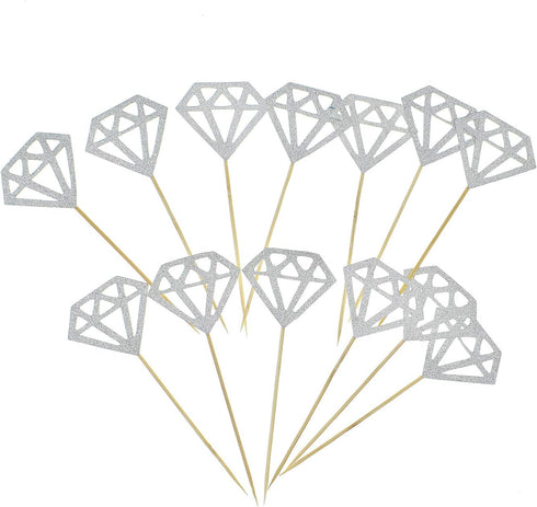 50 Pack Cupcake Toppers, Silver Glitter Diamond Cakes Toppers, Party Cake Decoration Supplies