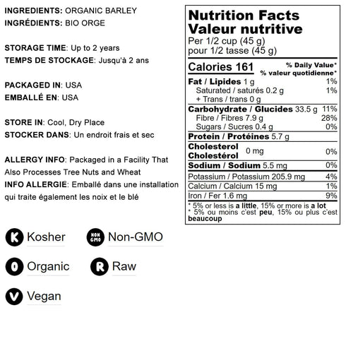 Food to Live Organic Hulled Barley, 8 Ounces, Non-GMO Whole Grain, High Fiber for Home Brewing and Cooking