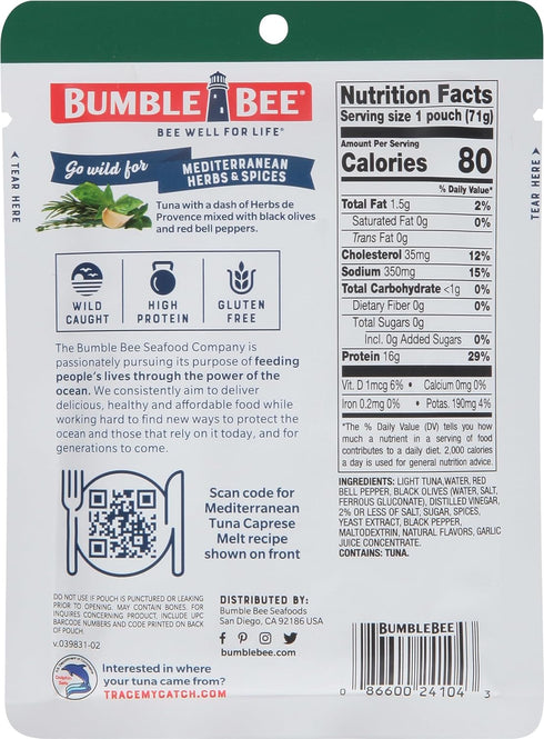 Bumble Bee Mediterranean Herbs & Spices Tuna, 2.5 oz Pouch (Pack of 12) - Wild Caught, Ready to Eat