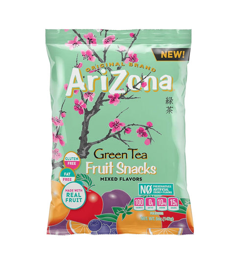 Gummy 5 Tea,(Pack 12) AriZona Green Tea Fruit Snacks, Gluten Free Mixed Fruit Chews Ounce Individual Single Serve Bags