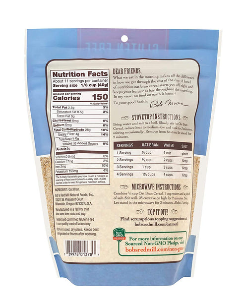 16 oz (Pack 2) Bob's Red Mill Gluten Free Oat Bran, (Resealable)