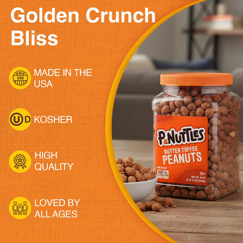 44 oz P-Nuttles Butter Toffee Covered Peanuts, Sweet Salty Snack, Nuts, Made in USA, Kosher, Party, Crunchy Nut, Jar