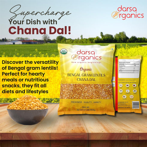 2 lb Darsa Organics Chana Dal USDA Organic Split Bengal Gram (Yellow Chickpeas), Non-GMO, Chemical-Free Yellow Lentils