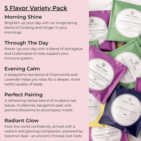 5 10 Tily Tea Assorted Herbal Tea Box - Flavors of Caffeine-Free Tea - Morning Shine, Through the Day, Evening Calm