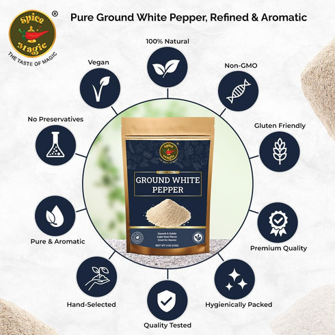 4 oz Spice Magic Ground White Pepper | Gentle, Mild Heat and Subtle Flavor Perfect For Light Sauces, Soups, Chicken