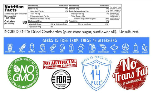 2 lbs. 14 Gerbs Dried Sweetened Cranberries | Unsulfured, No Artificial Additives, Resealable Bag | Naturally Tart