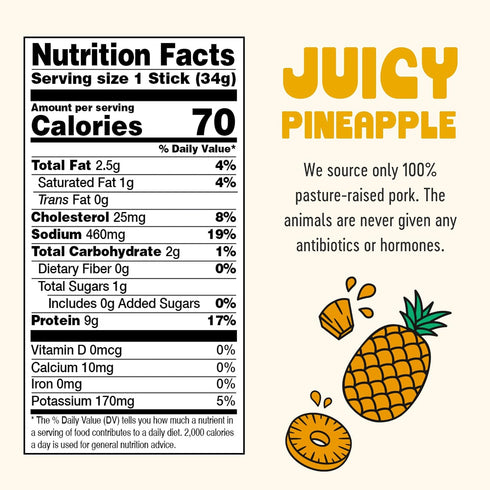 (12 Count) Juicy Pineapple Pork Meat Sticks Carton Pasture-Raised Pineapple Pork Sticks, Grass-Fed Collagen Infused