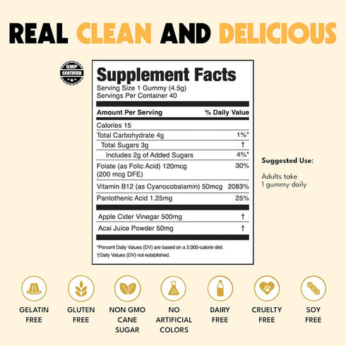 B12 Gummies 40 Count JUGO Apple Cider Vinegar + SUPERFOODS ACV and Vitamin with Acai for Digestive Health Support