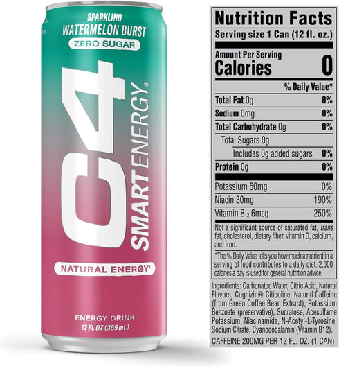 C4 12 Oz 12 Pack Smart Energy Drink - Sugar Free Performance Fuel & Nootropic Brain Booster, Coffee Substitute