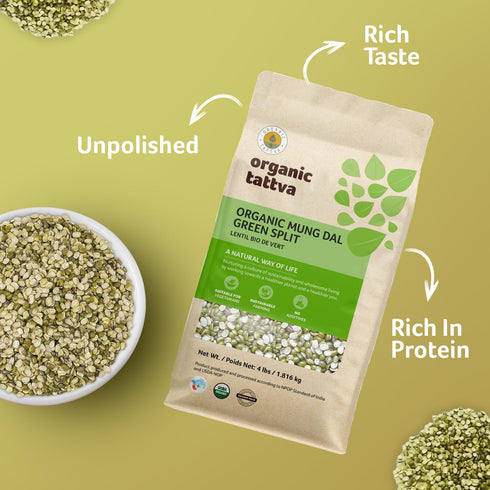 (4 lbs) Organic Tattva Moong Dal - Split Mung Beans Green Lentils Organic, Gluten Free, Vegan & Kosher - High Protein
