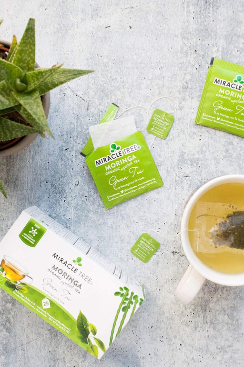 Miracle Tree Organic Moringa Superfood Tea, 25 Individually Sealed Tea Bags, Green Tea, Vegan