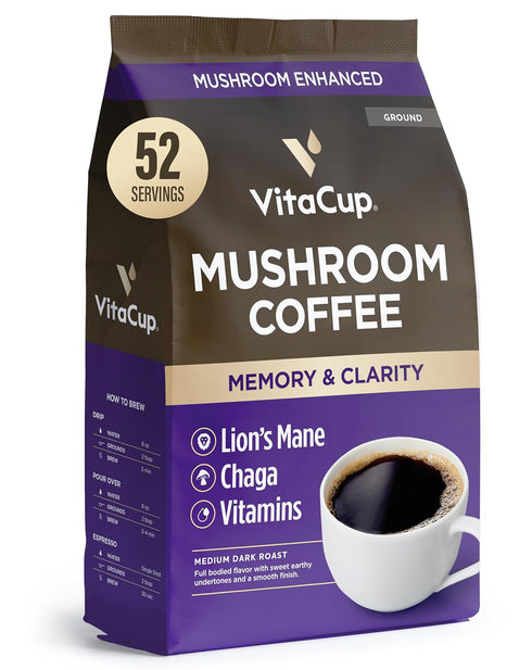 VitaCup Mushroom Coffee Grounds, with Lions Mane, Chaga, B Vitamins, D3, Boost