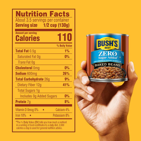 15.8 oz (Pack 12) BUSH'S BEST Canned Zero Sugar Baked Beans, Source Of Plant Based Protein and Fiber, Low Fat, Gluten