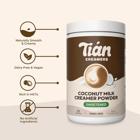 Tian Creamers 13oz, 22 Sweetened Coconut Milk Creamer Powder - Dairy-Free Coffee Creamer - Sweet and Creamy
