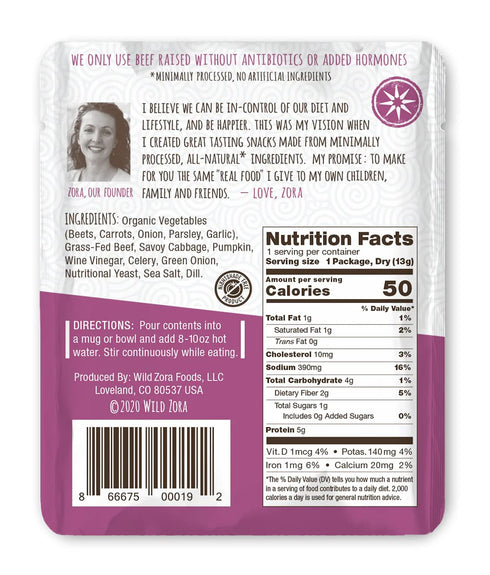 8-pack 100% 0.5oz/13g Wild Zora Instant Keto-Friendly Soups Savoy Beef Broth Made with Grass-Fed Beef, and Vegetables