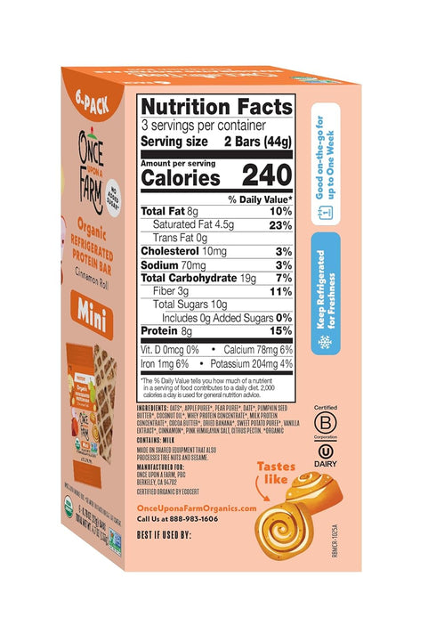 Multipack 6-.78oz Once Upon a Farm Organic Mini Refrigerated Protein Kids' Bar Cinnamon Roll, Bars