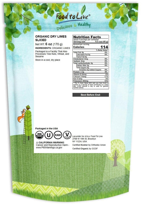 6 Food to Live Organic Dry Lime Slices, Ounces Natural Dehydrated Citrus for Cocktails, Baking, Tea, Holiday