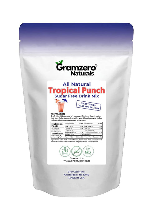 GramZero All Natural Tropical Punch Zero Calorie Sugar Free Drink Mix, Great For Nutrition Club Loaded Tea, Stevia