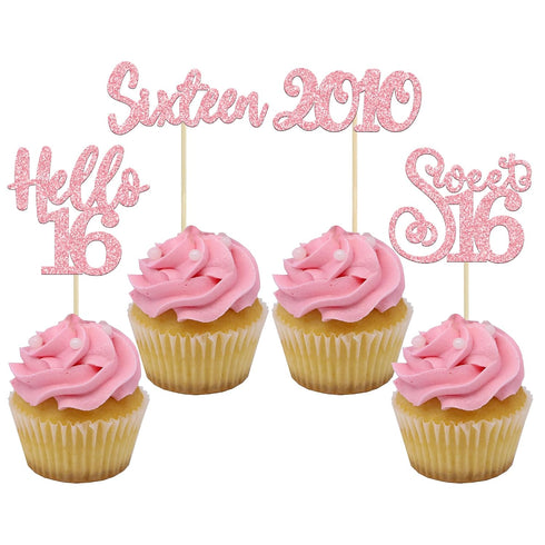 Gyufise 24Pcs Happy 16th Birthday Cupcake Toppers Glitter Hello 16 Sweet 16