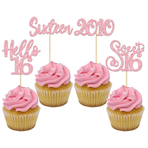 Gyufise 24Pcs Happy 16th Birthday Cupcake Toppers Glitter Hello 16 Sweet 16